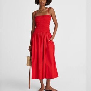 Madewell Peony Red Smocked Midi Dress